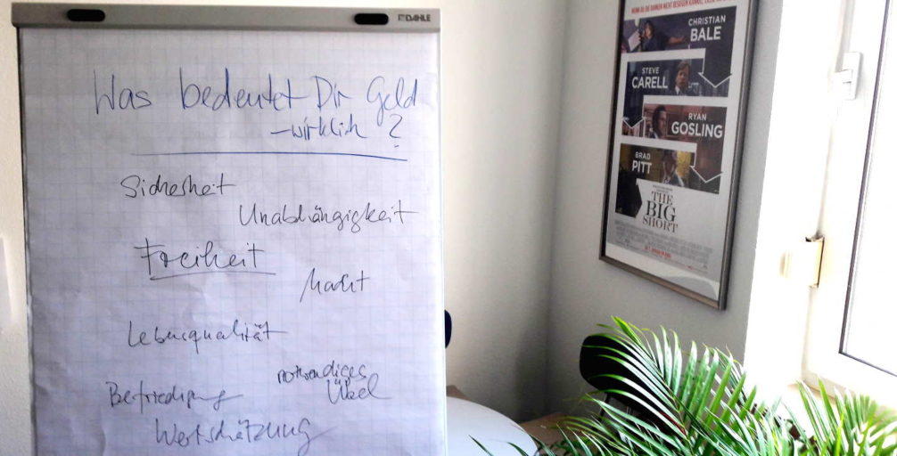 Warm-up Frage im Frauen Geld Workshop - mit Antworten der Teilnehmerinnen. Flipchart im Frauen Geld Workshop: Frage mit Antworten der Teilnehmerinnen