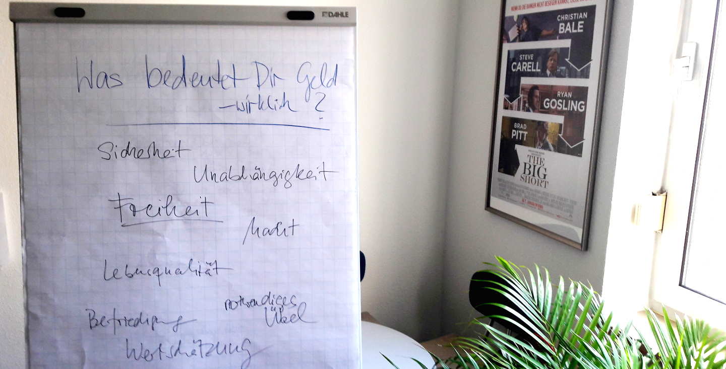 Flipchart im Frauen Geld Workshop: Frage mit Antworten der Teilnehmerinnen