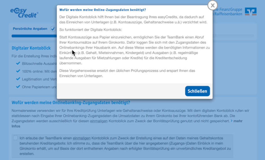 Teambank: Mit dem digitalen Kontoblick in Sekundenschnelle einen Kredit beantragen.